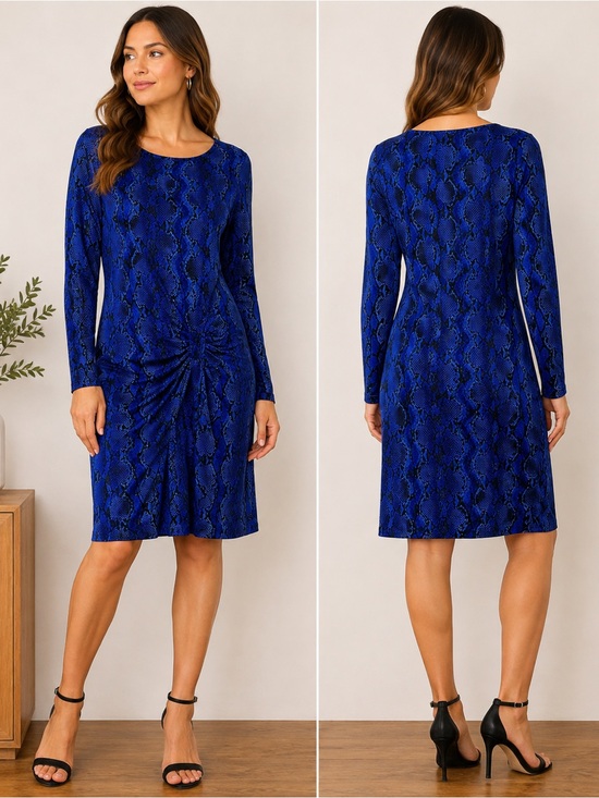Michael Kors Dresses & Skirts - Michael Kors Royal Blue Snake-Print Long-Sleeve Ruched Dress size S